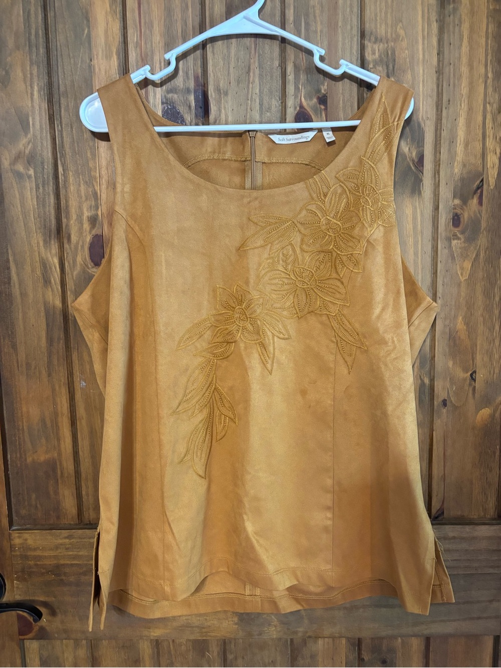 Soft Surroundings Tan Suede Boho Embroidered Sleeveless Top XL - Picture 2 of 14